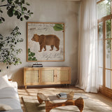 Lodge Collage VIII by Katie Pertiet. Shown in a natural wood frame in a cozy modern living room. Available as an archival giclee rolled canvas, fine art paper, or poster print. SKU 24140a.