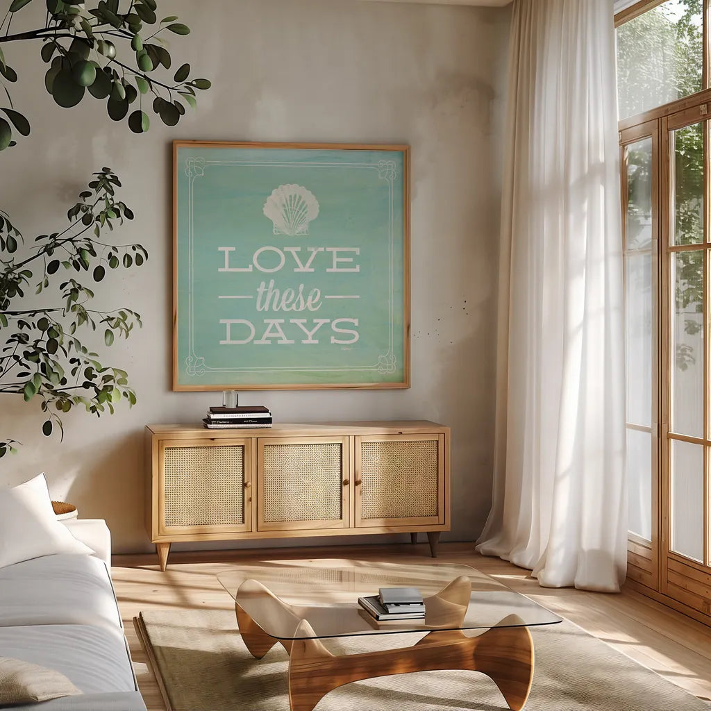 Love these Days by Katie Pertiet. Shown in a natural wood frame in a cozy modern living room. Available as an archival giclee rolled canvas, fine art paper, or poster print. SKU 52924a.