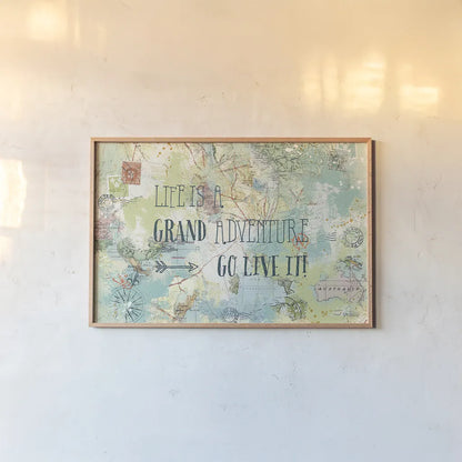 Map Sentiments I by Katie Pertiet. shown as a paper print in a natural frame. Available as a archival giclee rolled canvas, fine art paper, or poster print. SKU 28740i.