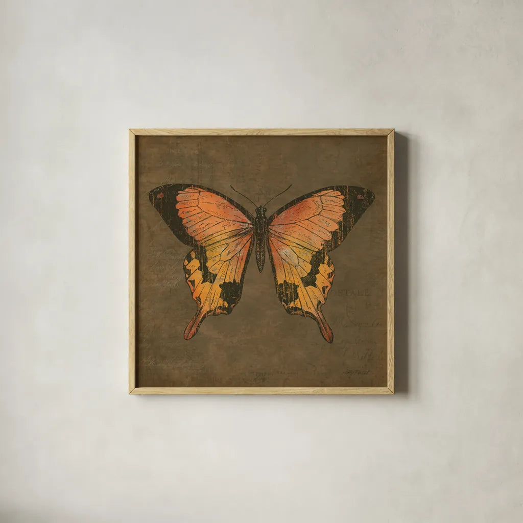 Mocha Butterfly by Katie Pertiet. Shown in a natural wood glass frame for a timeless modern aesthetic. Available as an archival giclee rolled canvas, fine art paper, or poster print. SKU 5956a.