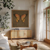 Mocha Butterfly by Katie Pertiet. Shown in a natural wood frame in a cozy modern living room. Available as an archival giclee rolled canvas, fine art paper, or poster print. SKU 5956a.