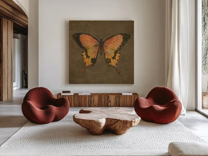 Mocha Butterfly by Katie Pertiet. Shown as extra-large giant wall art in a modern living room. Available as an archival giclee rolled canvas, fine art paper, or poster print. SKU 5956a.