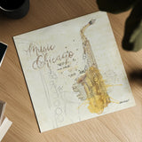 Musical Gift Chicago by Katie Pertiet. Shown as a detailed flat fine art print, highlighting archival giclee quality. Available as an archival giclee rolled canvas, fine art paper, or poster print. SKU 20911a.