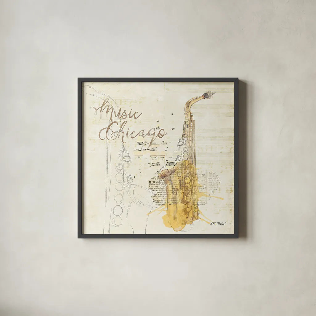 Musical Gift Chicago by Katie Pertiet. Shown in a sleek black glass frame for a contemporary gallery look. Available as an archival giclee rolled canvas, fine art paper, or poster print. SKU 20911a.