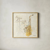 Musical Gift Chicago by Katie Pertiet. Shown in a natural wood glass frame for a timeless modern aesthetic. Available as an archival giclee rolled canvas, fine art paper, or poster print. SKU 20911a.