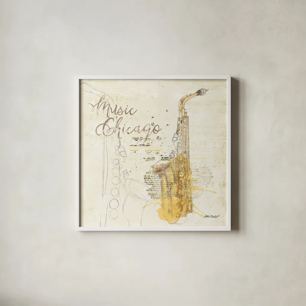 Musical Gift Chicago by Katie Pertiet. Shown in a crisp white glass frame for a clean and minimalist style. Available as an archival giclee rolled canvas, fine art paper, or poster print. SKU 20911a.