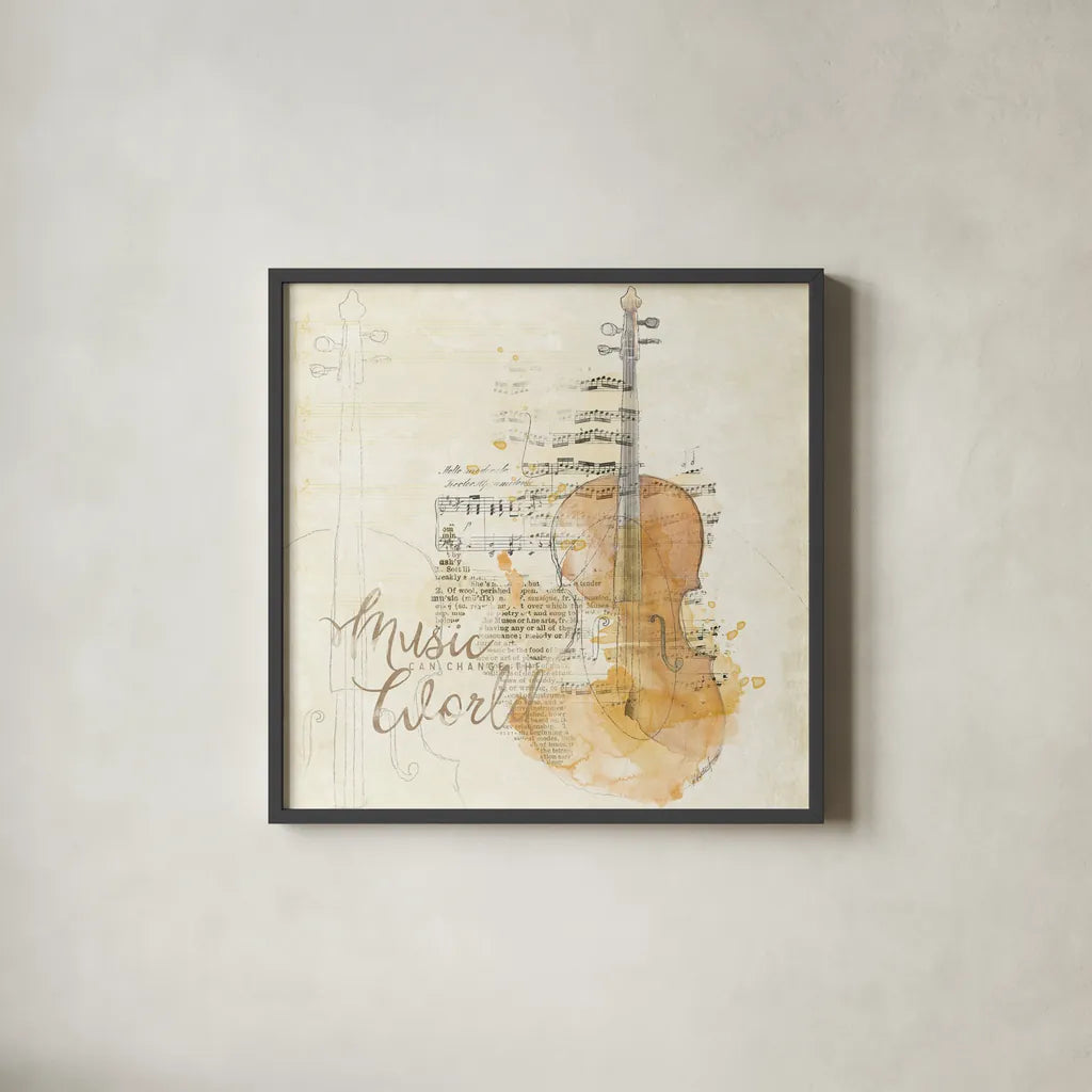 Musical Gift I by Katie Pertiet. Shown in a sleek black glass frame for a contemporary gallery look. Available as an archival giclee rolled canvas, fine art paper, or poster print. SKU 18618a.