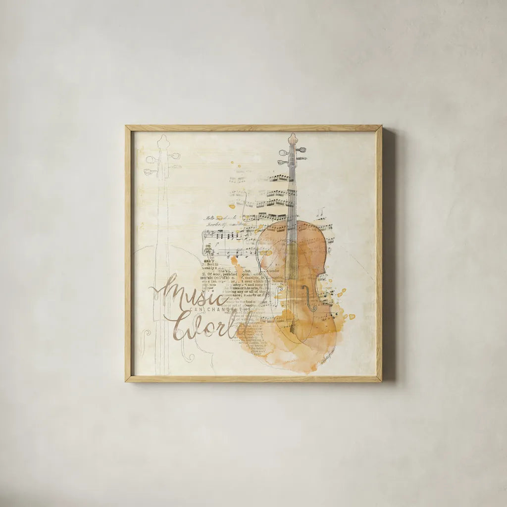 Musical Gift I by Katie Pertiet. Shown in a natural wood glass frame for a timeless modern aesthetic. Available as an archival giclee rolled canvas, fine art paper, or poster print. SKU 18618a.
