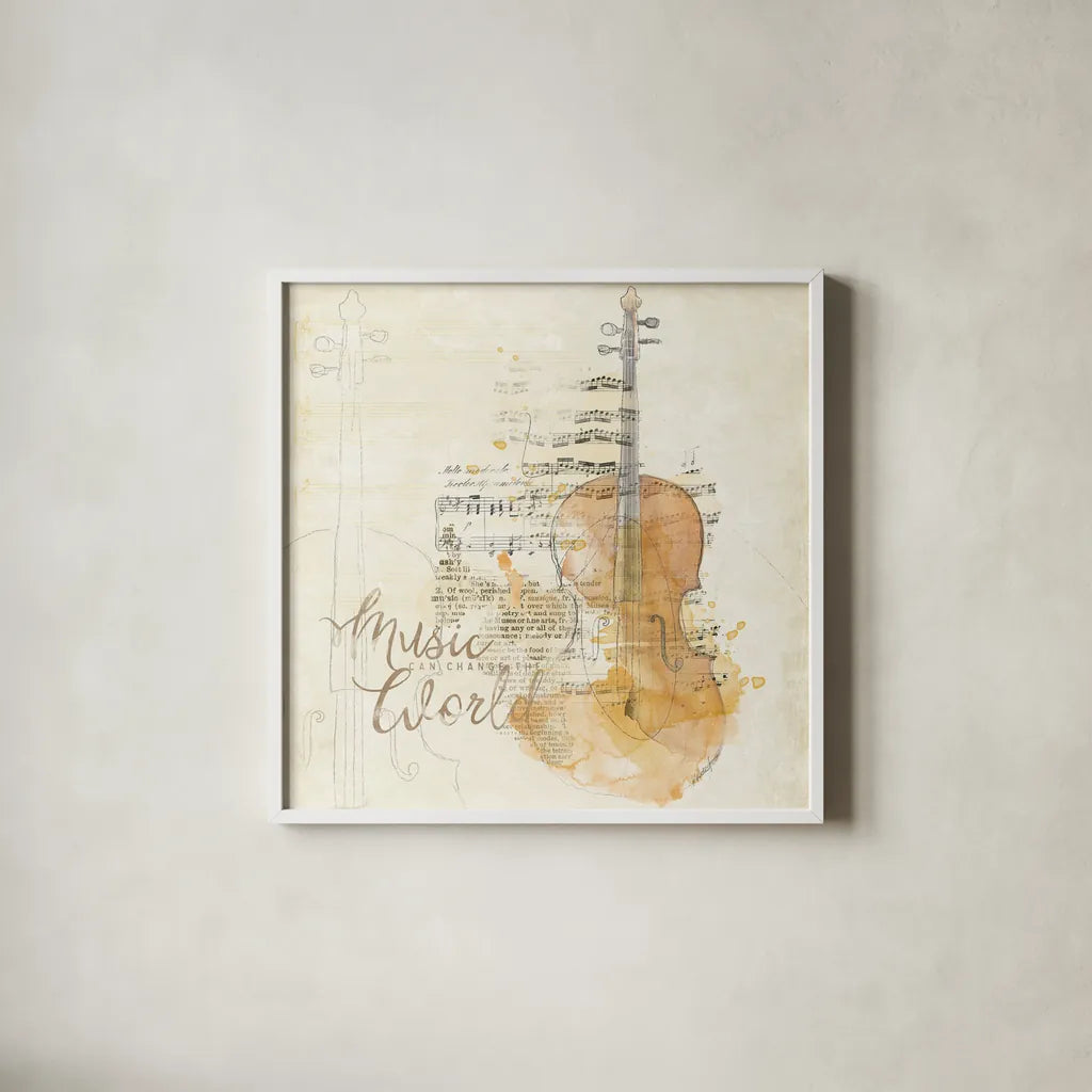 Musical Gift I by Katie Pertiet. Shown in a crisp white glass frame for a clean and minimalist style. Available as an archival giclee rolled canvas, fine art paper, or poster print. SKU 18618a.