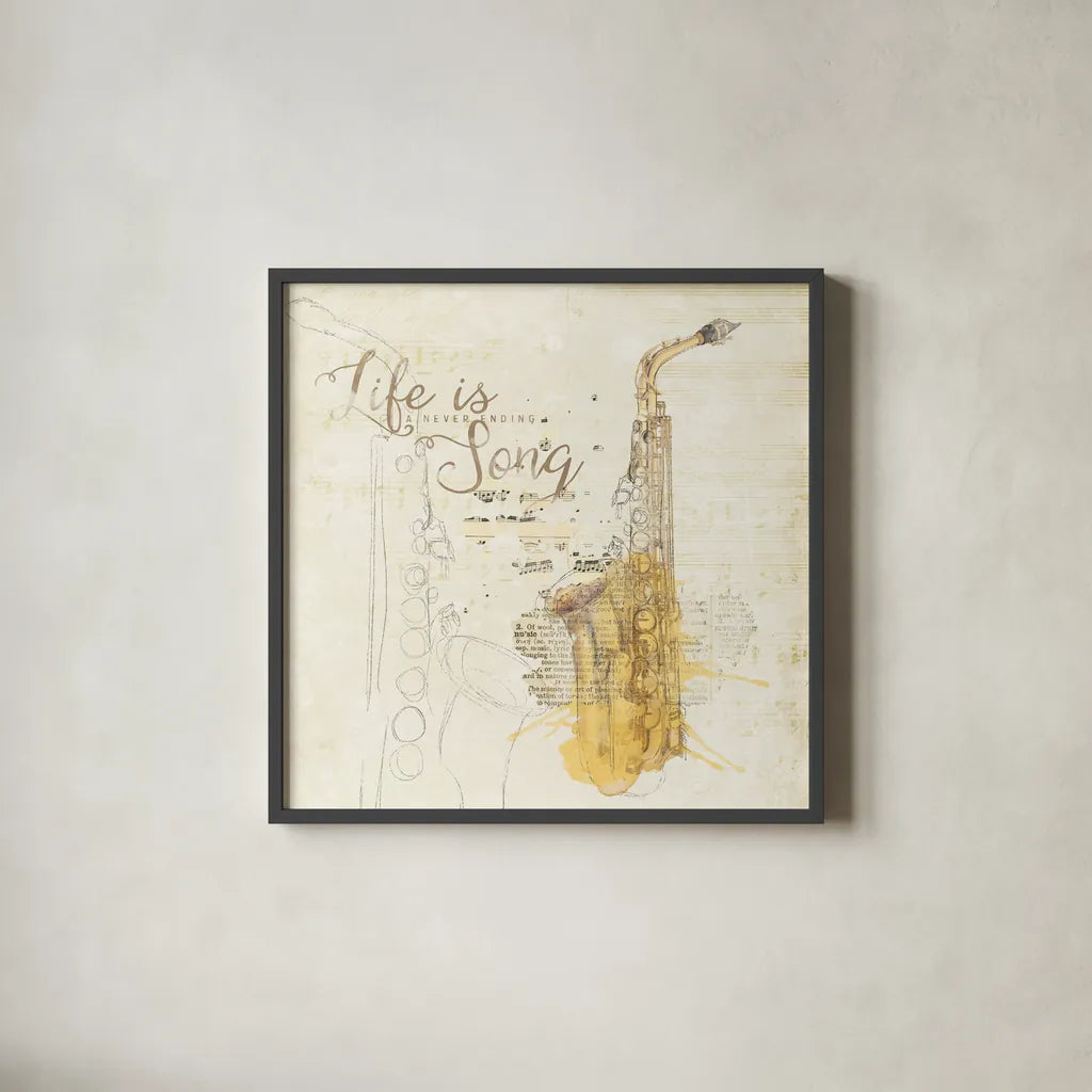 Musical Gift II by Katie Pertiet. Shown in a sleek black glass frame for a contemporary gallery look. Available as an archival giclee rolled canvas, fine art paper, or poster print. SKU 18619a.