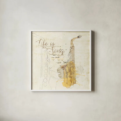 Musical Gift II by Katie Pertiet. Shown in a crisp white glass frame for a clean and minimalist style. Available as an archival giclee rolled canvas, fine art paper, or poster print. SKU 18619a.
