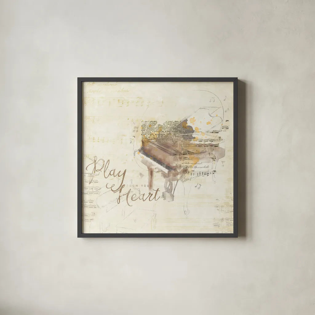 Musical Gift III by Katie Pertiet. Shown in a sleek black glass frame for a contemporary gallery look. Available as an archival giclee rolled canvas, fine art paper, or poster print. SKU 18620a.