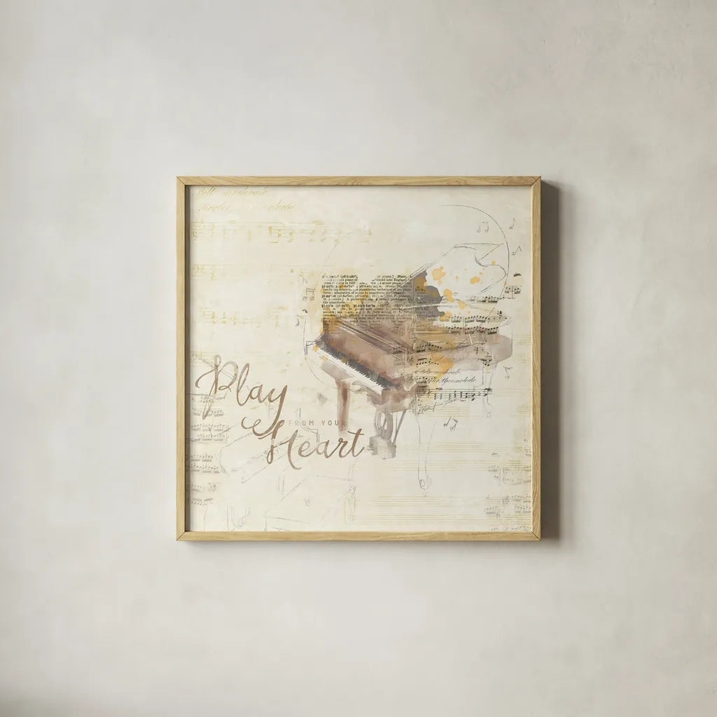 Musical Gift III by Katie Pertiet. Shown in a natural wood glass frame for a timeless modern aesthetic. Available as an archival giclee rolled canvas, fine art paper, or poster print. SKU 18620a.