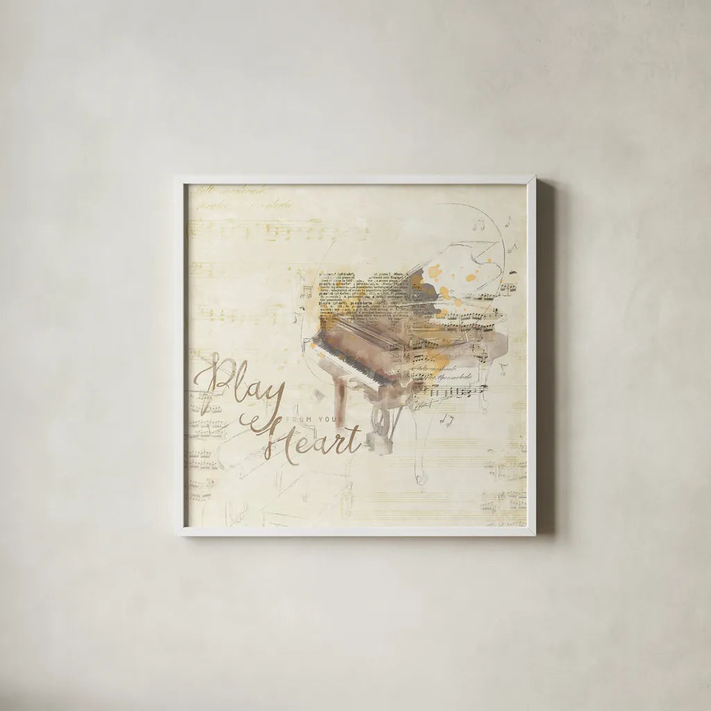 Musical Gift III by Katie Pertiet. Shown in a crisp white glass frame for a clean and minimalist style. Available as an archival giclee rolled canvas, fine art paper, or poster print. SKU 18620a.