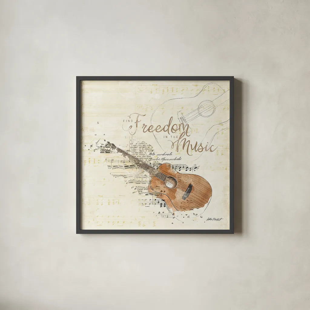 Musical Gift IV by Katie Pertiet. Shown in a sleek black glass frame for a contemporary gallery look. Available as an archival giclee rolled canvas, fine art paper, or poster print. SKU 18621a.