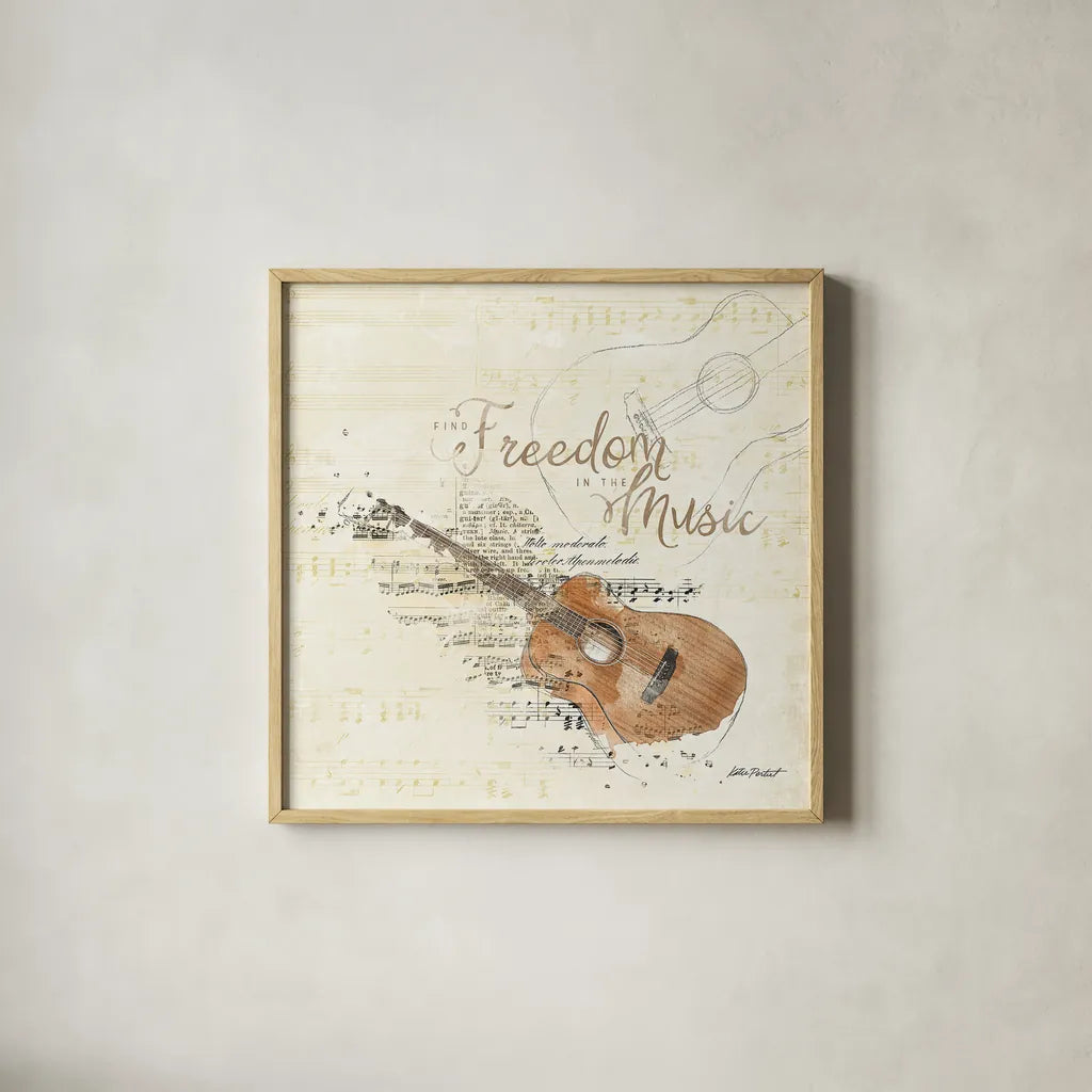 Musical Gift IV by Katie Pertiet. Shown in a natural wood glass frame for a timeless modern aesthetic. Available as an archival giclee rolled canvas, fine art paper, or poster print. SKU 18621a.