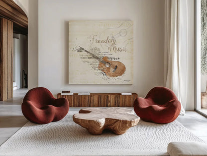Musical Gift IV by Katie Pertiet. Shown as extra-large giant wall art in a modern living room. Available as an archival giclee rolled canvas, fine art paper, or poster print. SKU 18621a.