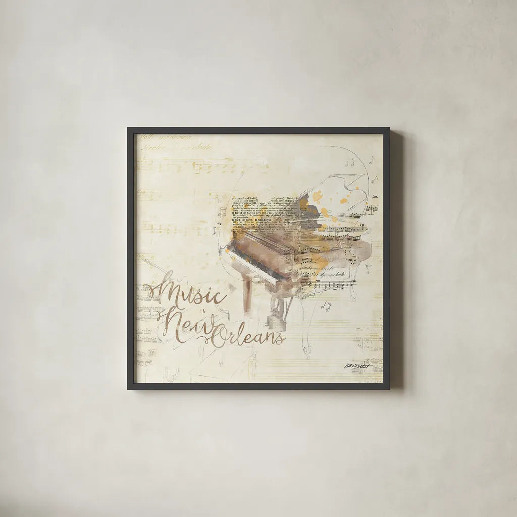 Musical Gift New Orleans by Katie Pertiet. Shown in a sleek black glass frame for a contemporary gallery look. Available as an archival giclee rolled canvas, fine art paper, or poster print. SKU 20913a.