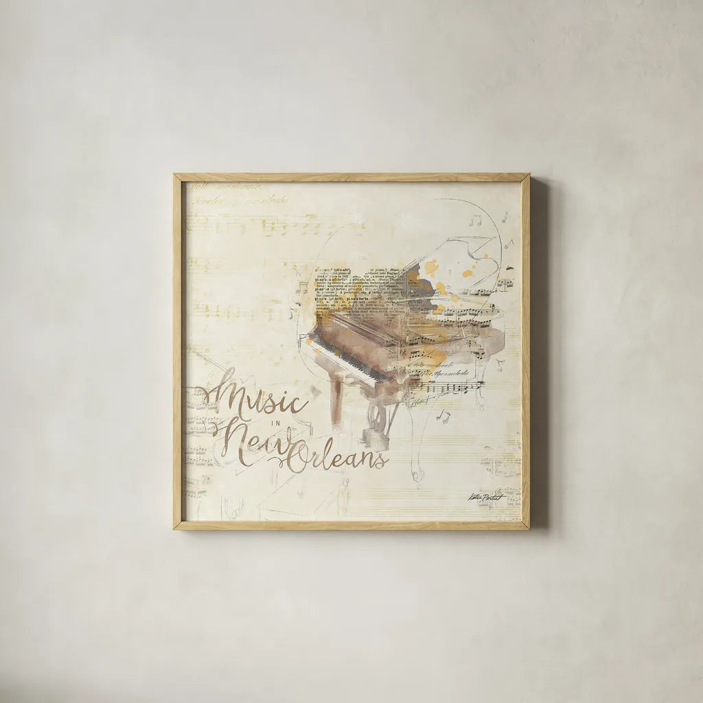 Musical Gift New Orleans by Katie Pertiet. Shown in a natural wood glass frame for a timeless modern aesthetic. Available as an archival giclee rolled canvas, fine art paper, or poster print. SKU 20913a.