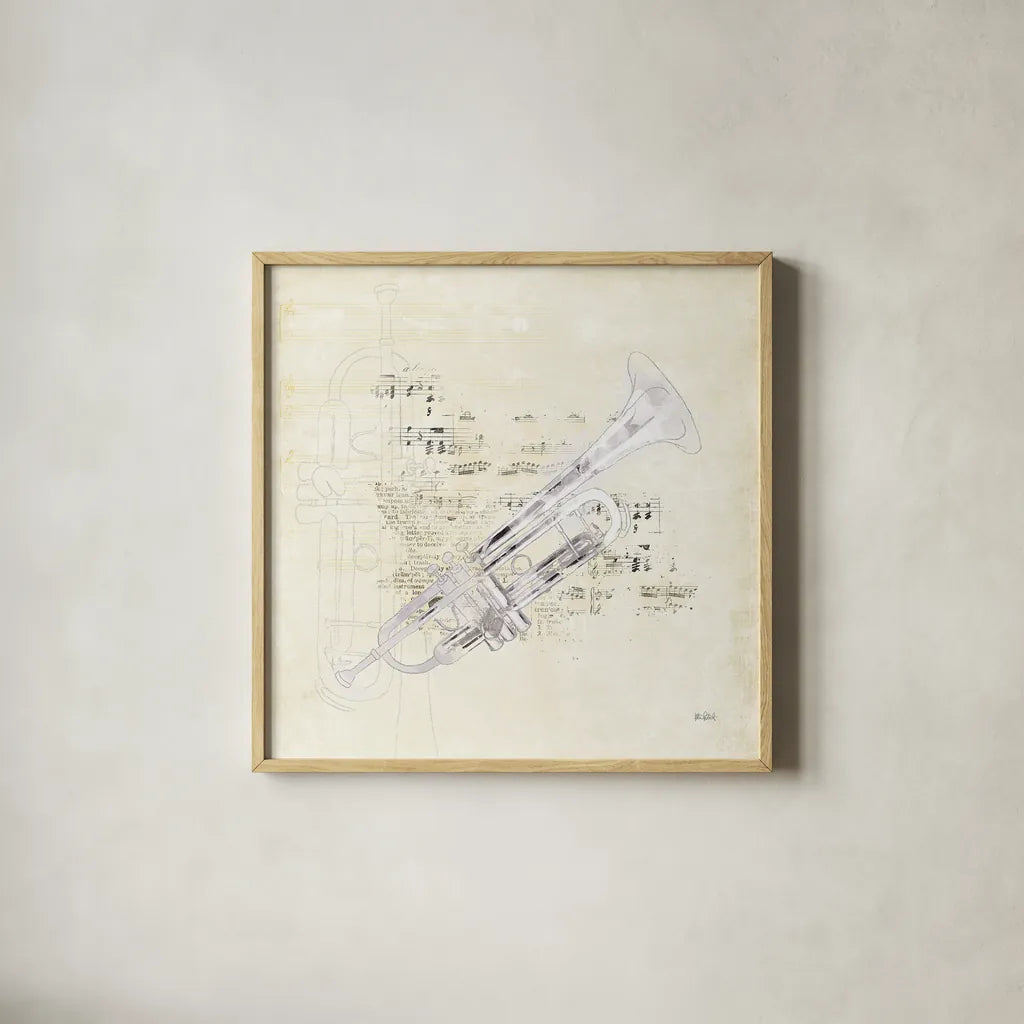 Musical Gift VI by Katie Pertiet. Shown in a natural wood glass frame for a timeless modern aesthetic. Available as an archival giclee rolled canvas, fine art paper, or poster print. SKU 58452a.