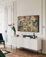 Nostalgic Holiday I by Katie Pertiet. shown as a framed stretched canvas in a living room above a console. Available as a archival giclee rolled canvas, fine art paper, or poster print. SKU 48939i.