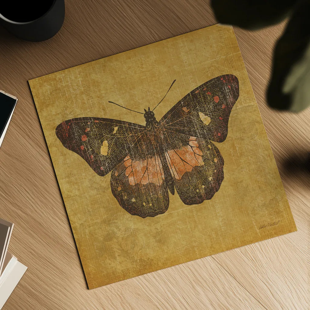 Ochre Butterfly by Katie Pertiet. Shown as a detailed flat fine art print, highlighting archival giclee quality. Available as an archival giclee rolled canvas, fine art paper, or poster print. SKU 5957a.