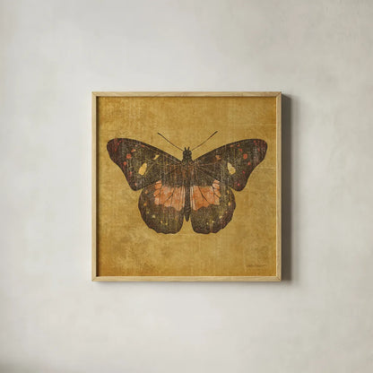 Ochre Butterfly by Katie Pertiet. Shown in a natural wood glass frame for a timeless modern aesthetic. Available as an archival giclee rolled canvas, fine art paper, or poster print. SKU 5957a.