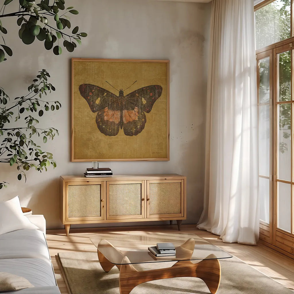 Ochre Butterfly by Katie Pertiet. Shown in a natural wood frame in a cozy modern living room. Available as an archival giclee rolled canvas, fine art paper, or poster print. SKU 5957a.