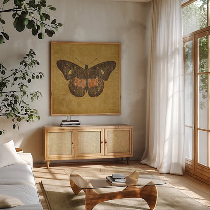 Ochre Butterfly by Katie Pertiet. Shown in a natural wood frame in a cozy modern living room. Available as an archival giclee rolled canvas, fine art paper, or poster print. SKU 5957a.