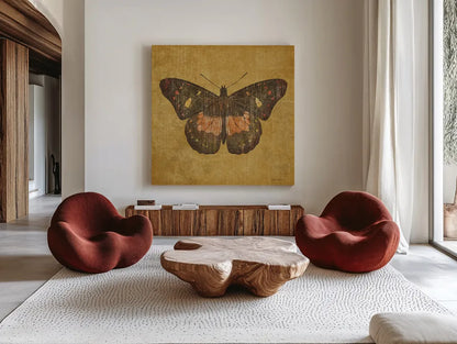Ochre Butterfly by Katie Pertiet. Shown as extra-large giant wall art in a modern living room. Available as an archival giclee rolled canvas, fine art paper, or poster print. SKU 5957a.