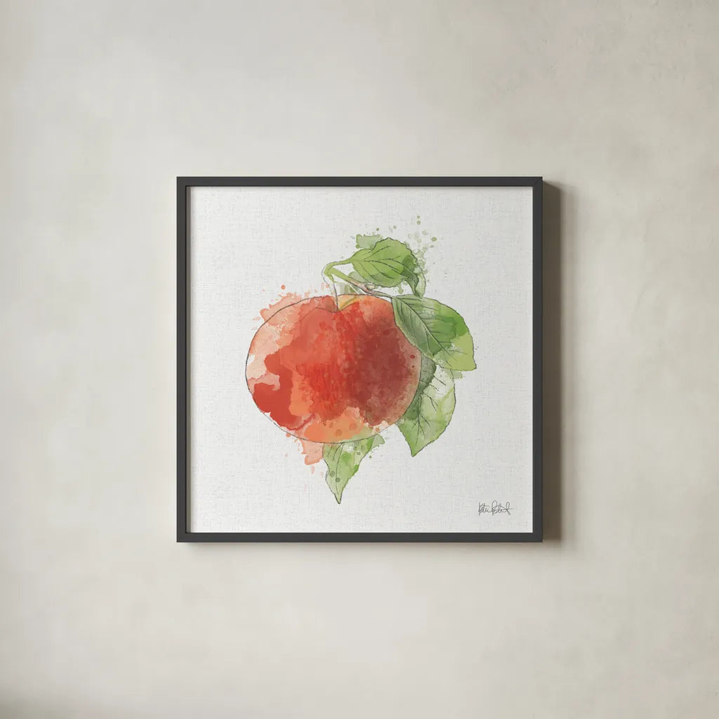 Orchard Harvest Apple by Katie Pertiet. Shown in a sleek black glass frame for a contemporary gallery look. Available as an archival giclee rolled canvas, fine art paper, or poster print. SKU 54161a.