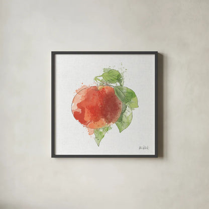 Orchard Harvest Apple by Katie Pertiet. Shown in a sleek black glass frame for a contemporary gallery look. Available as an archival giclee rolled canvas, fine art paper, or poster print. SKU 54161a.