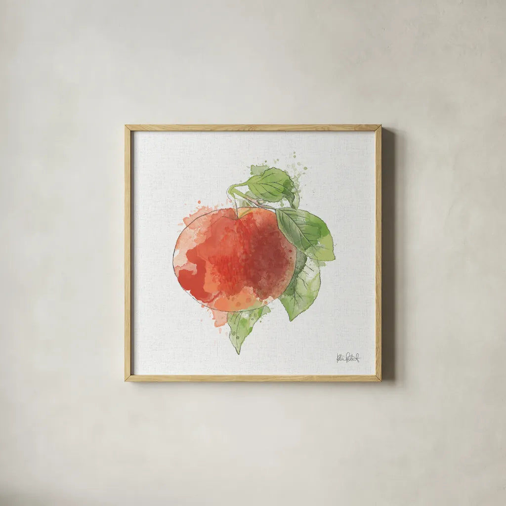 Orchard Harvest Apple by Katie Pertiet. Shown in a natural wood glass frame for a timeless modern aesthetic. Available as an archival giclee rolled canvas, fine art paper, or poster print. SKU 54161a.
