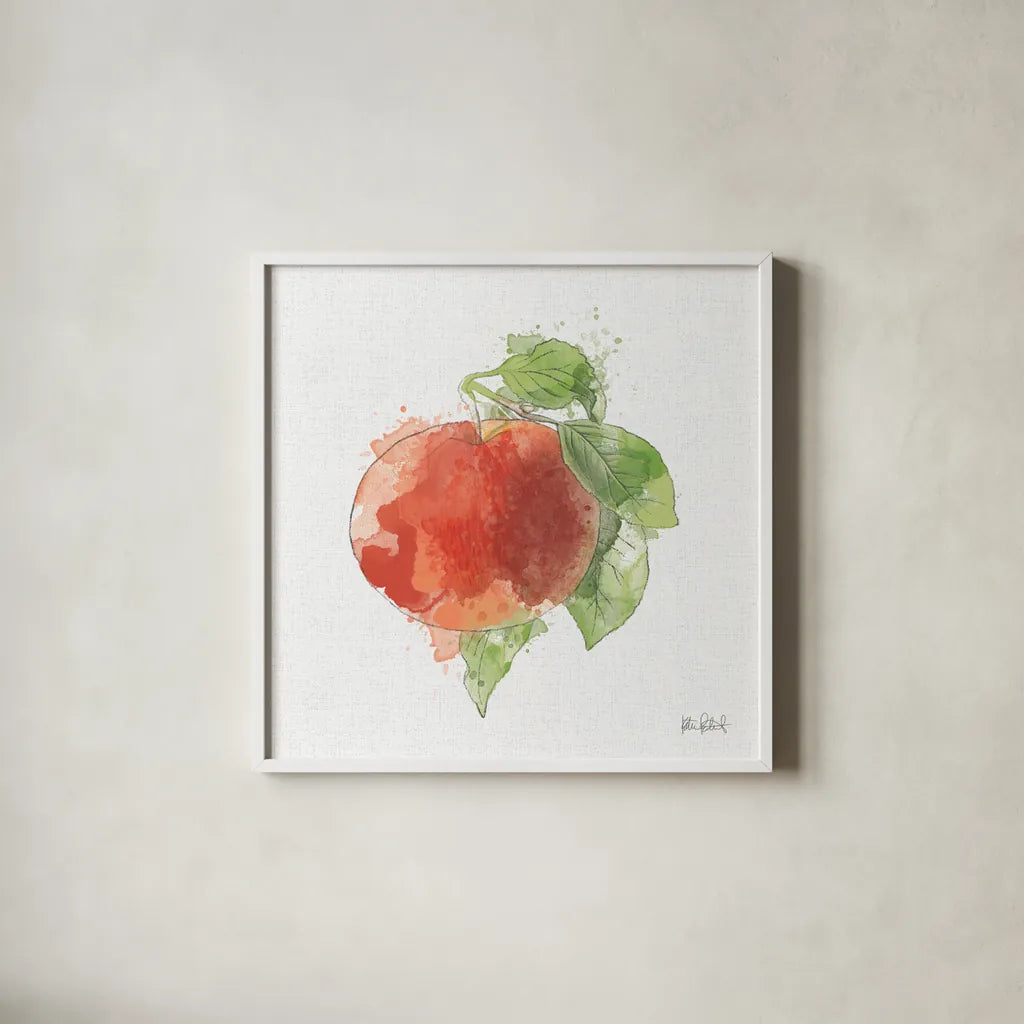 Orchard Harvest Apple by Katie Pertiet. Shown in a crisp white glass frame for a clean and minimalist style. Available as an archival giclee rolled canvas, fine art paper, or poster print. SKU 54161a.
