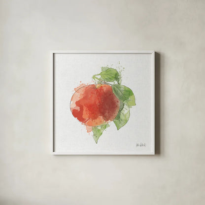 Orchard Harvest Apple by Katie Pertiet. Shown in a crisp white glass frame for a clean and minimalist style. Available as an archival giclee rolled canvas, fine art paper, or poster print. SKU 54161a.
