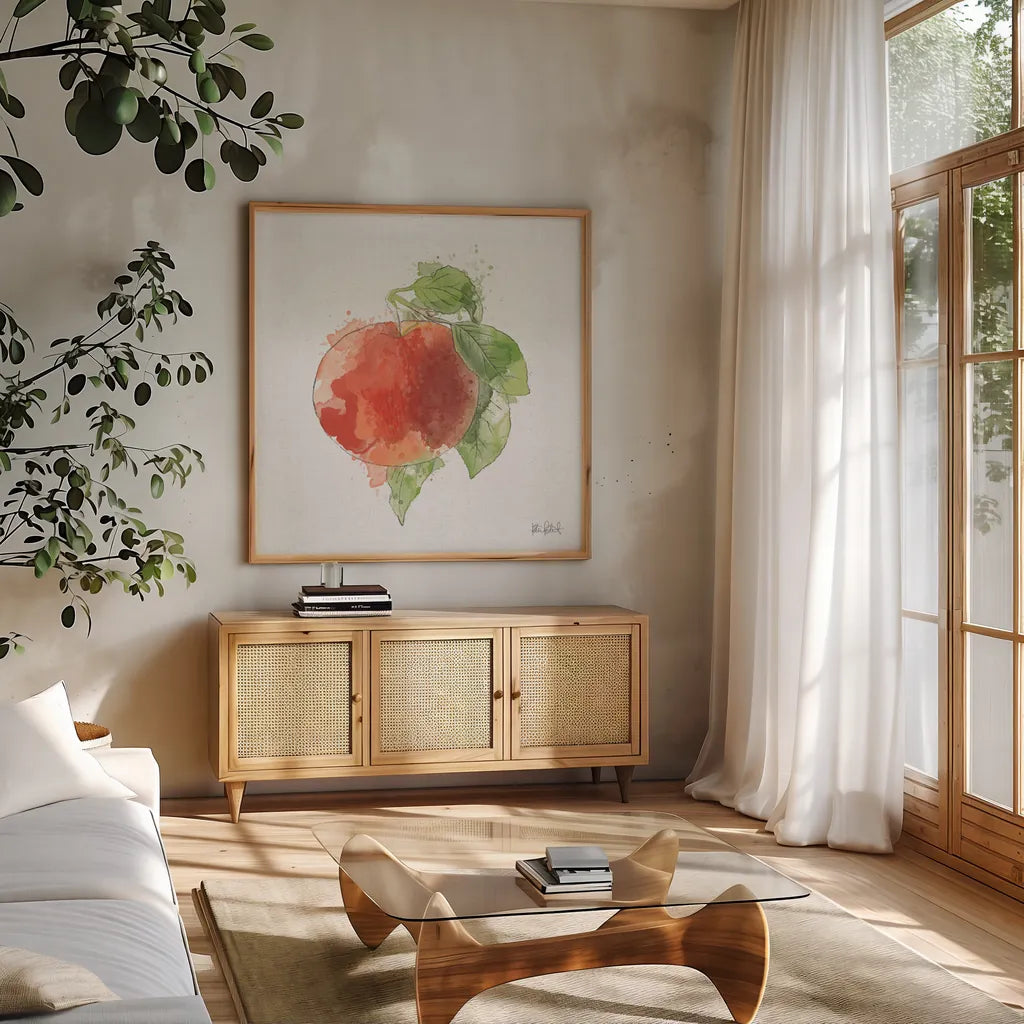 Orchard Harvest Apple by Katie Pertiet. Shown in a natural wood frame in a cozy modern living room. Available as an archival giclee rolled canvas, fine art paper, or poster print. SKU 54161a.