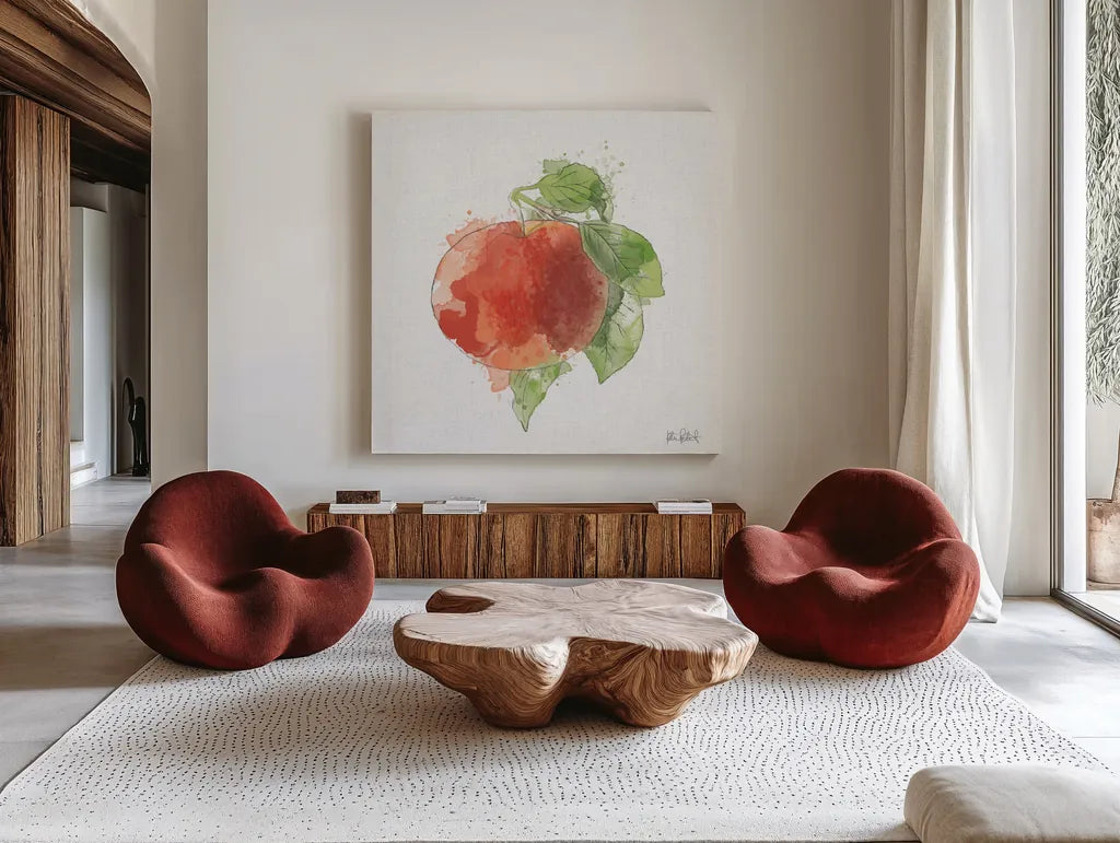 Orchard Harvest Apple by Katie Pertiet. Shown as extra-large giant wall art in a modern living room. Available as an archival giclee rolled canvas, fine art paper, or poster print. SKU 54161a.
