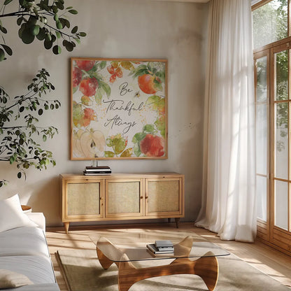 Orchard Harvest II by Katie Pertiet. Shown in a natural wood frame in a cozy modern living room. Available as an archival giclee rolled canvas, fine art paper, or poster print. SKU 49943a.