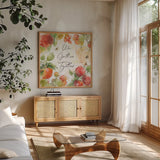 Orchard Harvest III by Katie Pertiet. Shown in a natural wood frame in a cozy modern living room. Available as an archival giclee rolled canvas, fine art paper, or poster print. SKU 49944a.