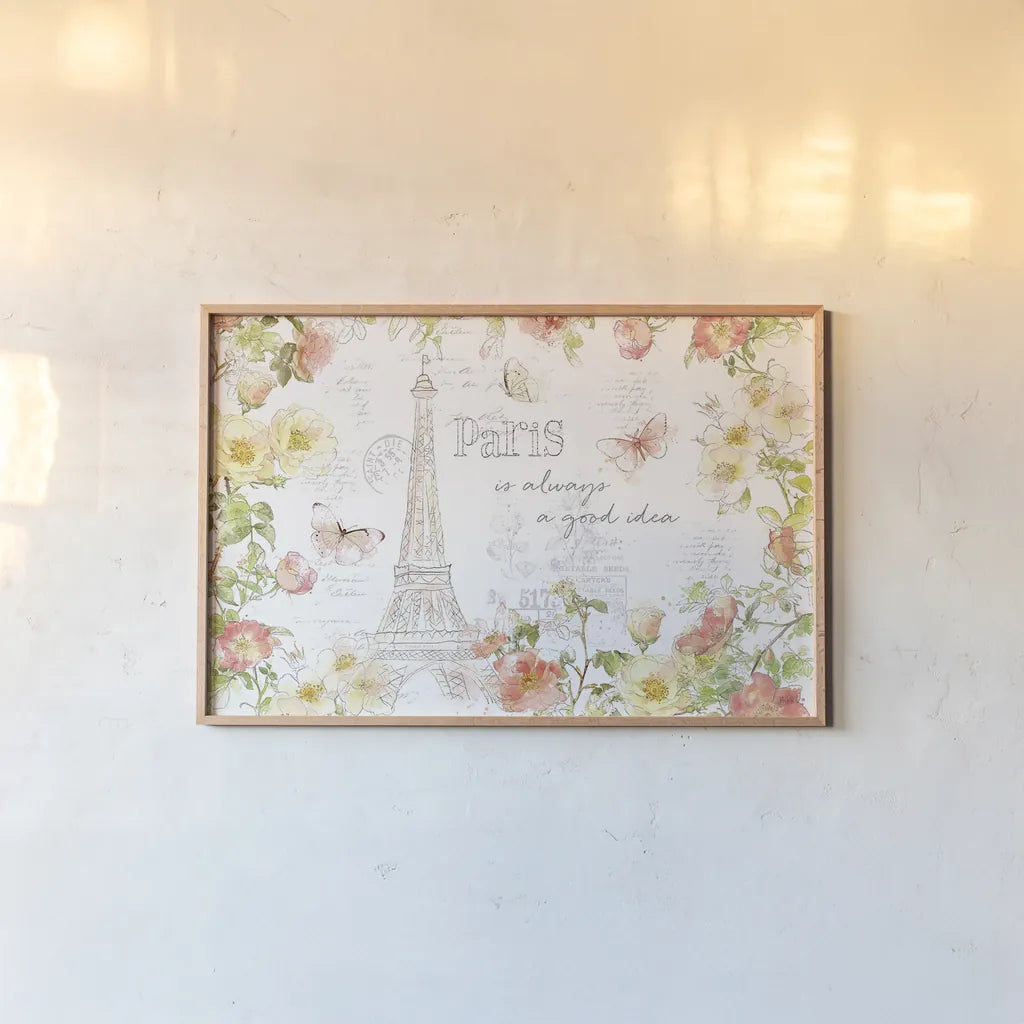 Painting Paris I by Katie Pertiet. shown as a paper print in a natural frame. Available as a archival giclee rolled canvas, fine art paper, or poster print. SKU 45615i.