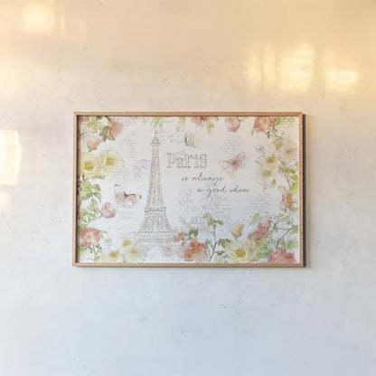 Painting Paris I by Katie Pertiet. shown as a paper print in a natural frame. Available as a archival giclee rolled canvas, fine art paper, or poster print. SKU 45615i.