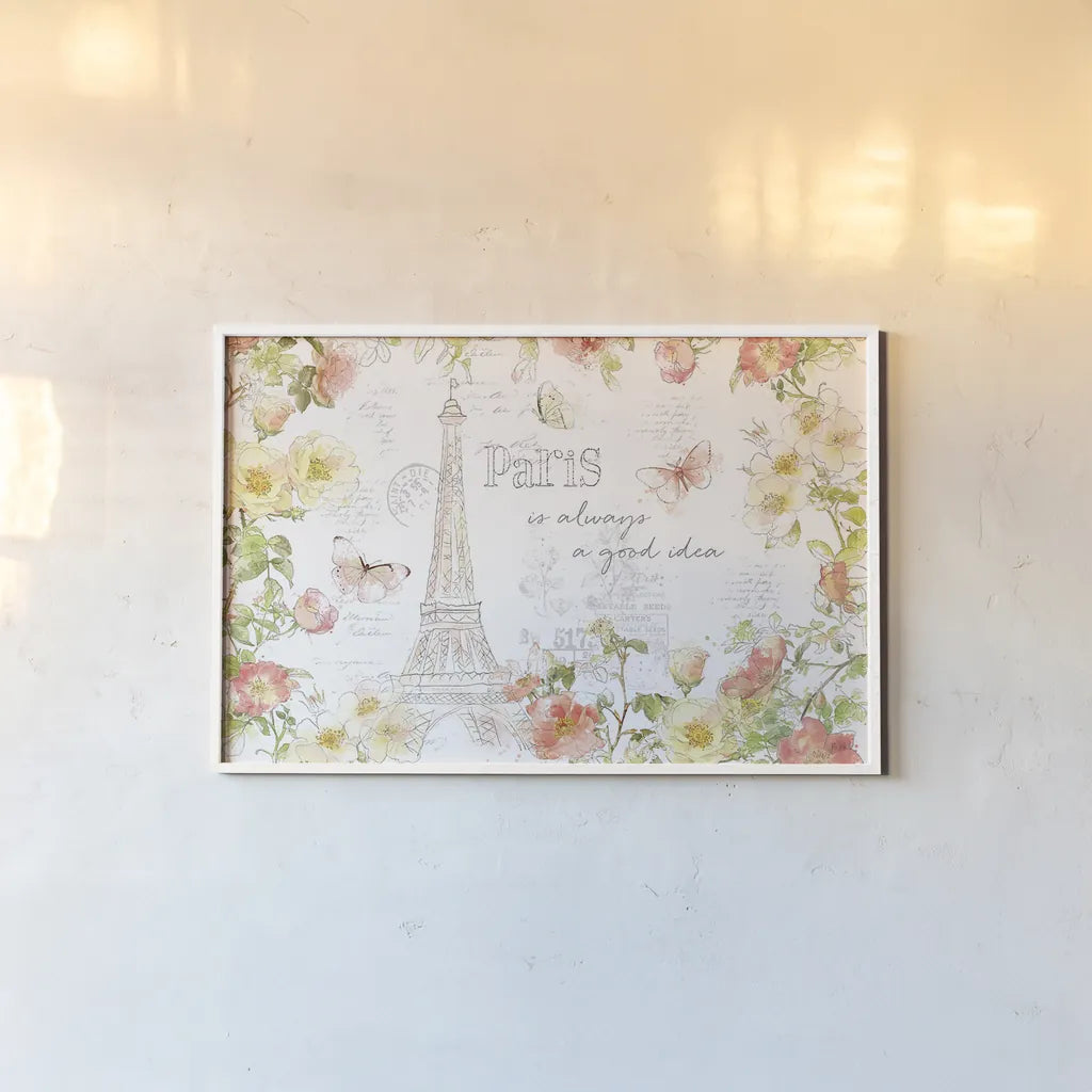 Painting Paris I by Katie Pertiet. shown as a paper print in a white frame. Available as a archival giclee rolled canvas, fine art paper, or poster print. SKU 45615i.