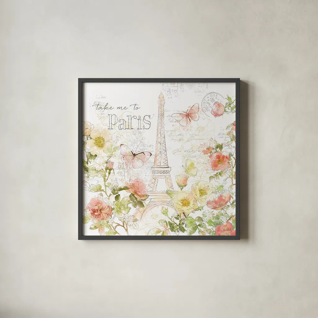 Painting Paris II by Katie Pertiet. Shown in a sleek black glass frame for a contemporary gallery look. Available as an archival giclee rolled canvas, fine art paper, or poster print. SKU 45616a.