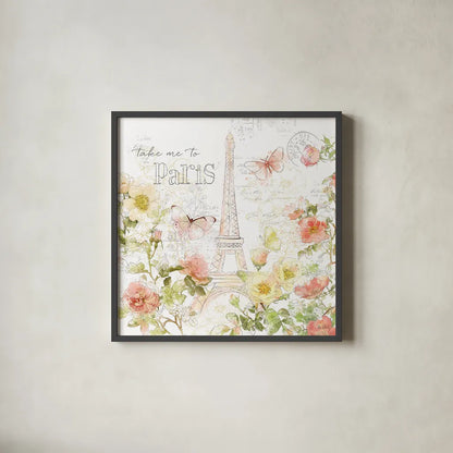 Painting Paris II by Katie Pertiet. Shown in a sleek black glass frame for a contemporary gallery look. Available as an archival giclee rolled canvas, fine art paper, or poster print. SKU 45616a.