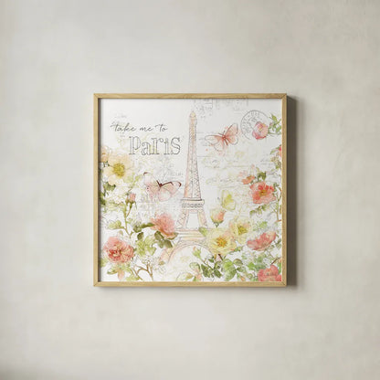 Painting Paris II by Katie Pertiet. Shown in a natural wood glass frame for a timeless modern aesthetic. Available as an archival giclee rolled canvas, fine art paper, or poster print. SKU 45616a.