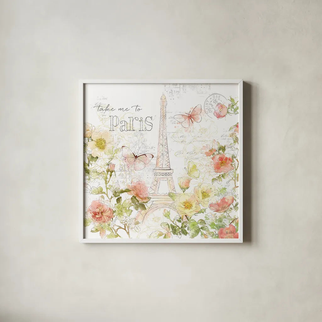 Painting Paris II by Katie Pertiet. Shown in a crisp white glass frame for a clean and minimalist style. Available as an archival giclee rolled canvas, fine art paper, or poster print. SKU 45616a.