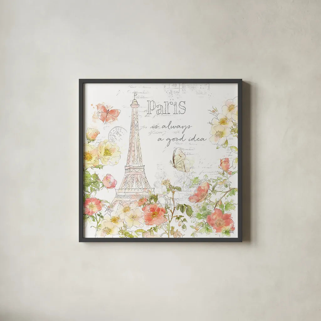 Painting Paris III by Katie Pertiet. Shown in a sleek black glass frame for a contemporary gallery look. Available as an archival giclee rolled canvas, fine art paper, or poster print. SKU 45617a.