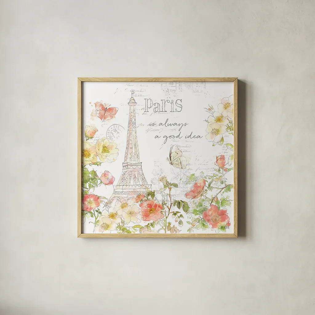 Painting Paris III by Katie Pertiet. Shown in a natural wood glass frame for a timeless modern aesthetic. Available as an archival giclee rolled canvas, fine art paper, or poster print. SKU 45617a.
