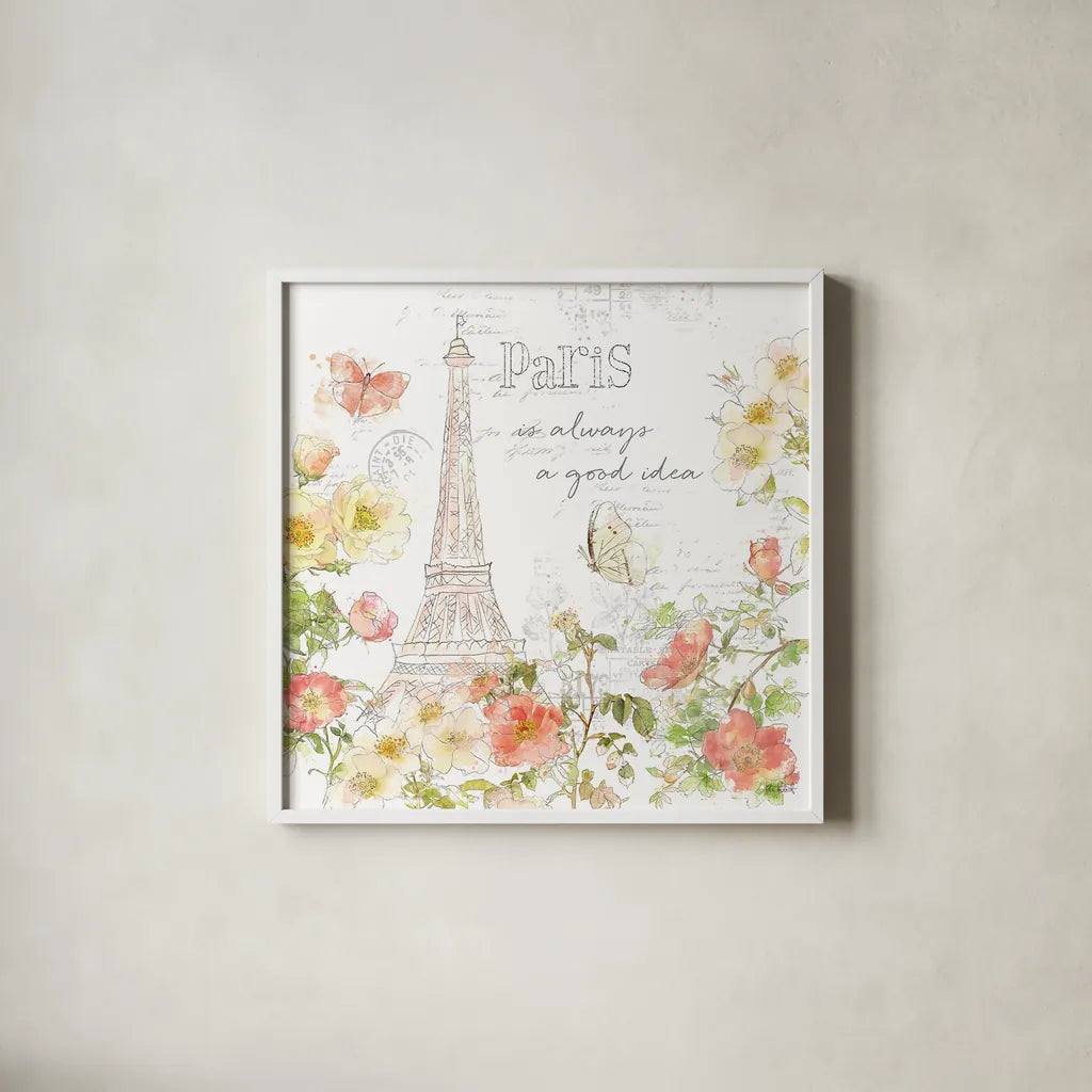 Painting Paris III by Katie Pertiet. Shown in a crisp white glass frame for a clean and minimalist style. Available as an archival giclee rolled canvas, fine art paper, or poster print. SKU 45617a.