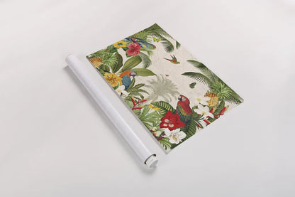 Parrot Paradise I by Katie Pertiet. shown as a rolled paper print. Available as archival giclee rolled canvas, fine art paper, or poster print. SKU 42060i.